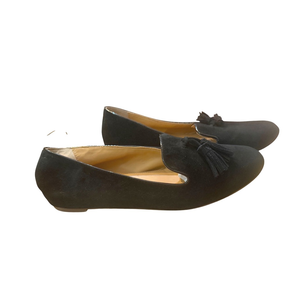 J.Crew Black Suede Tassel Loafers Smoking Flats Patent Trim Womens classic 8.5